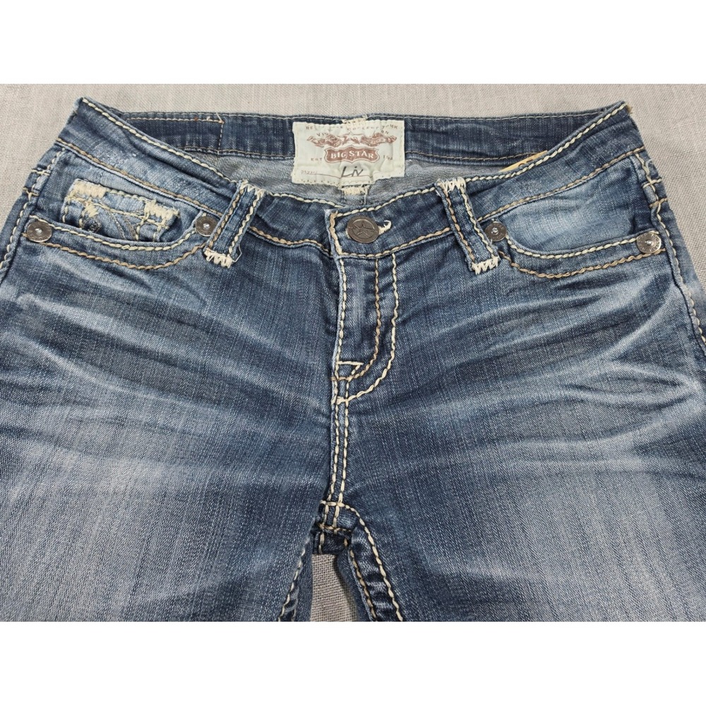 Big Star Liv Bootcut Jeans Womens 28 Blue Excellent Thick Stitch Whiskered Denim